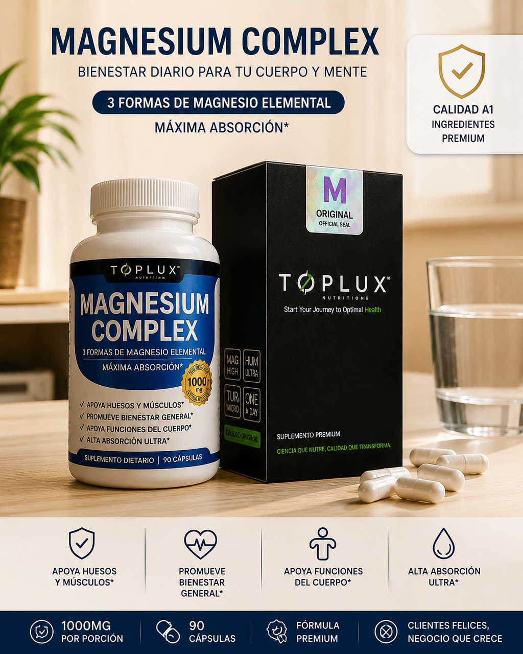 Magnesio Complex 90 Cápsulas – Suplemento Premium para Bienestar Diario